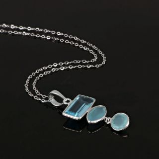 925 Sterling Silver necklace rhodium plated with two stones of Aqua Chalcedony and one stone of Amethyst - 