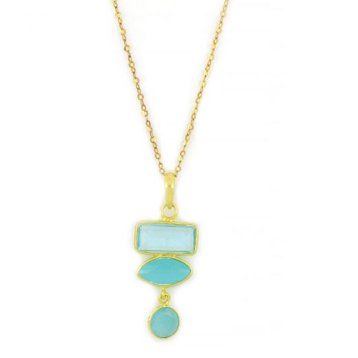925 Sterling Silver necklace gold plated with two stones of Aqua Chalcedony and one stone of Blue Topaz
