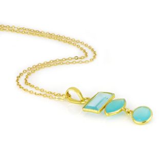 925 Sterling Silver necklace gold plated with two stones of Aqua Chalcedony and one stone of Blue Topaz - 