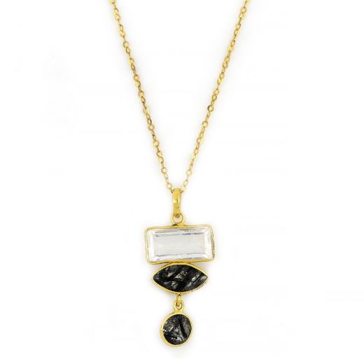 925 Sterling Silver necklace gold plated with two stones of Black Routile and one stone of Crystal
