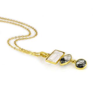 925 Sterling Silver necklace gold plated with two stones of Black Routile and one stone of Crystal - 