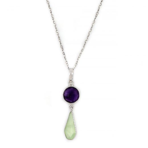 925 Sterling Silver necklace rhodium plated with round Amethyst and tear of Prehnite