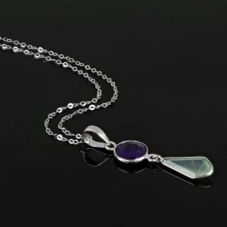 925 Sterling Silver necklace rhodium plated with round Amethyst and tear of Prehnite - 