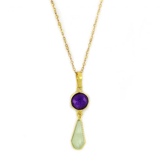 925 Sterling Silver necklace gold plated with round Amethyst and tear of Prehnite