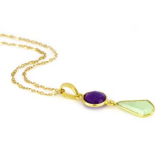 925 Sterling Silver necklace gold plated with round Amethyst and tear of Prehnite - 