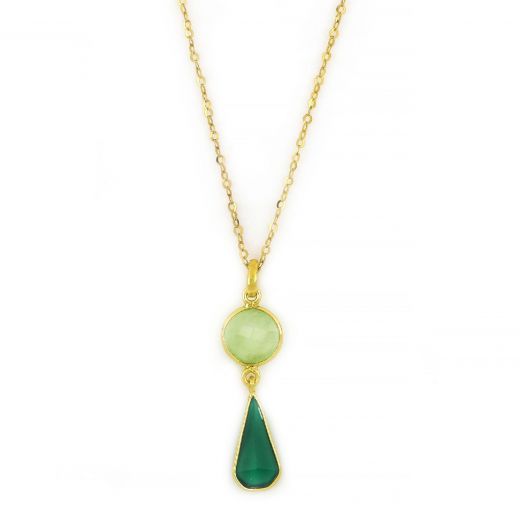 925 Sterling Silver necklace gold plated with round Prehnite and tear of Green Onyx
