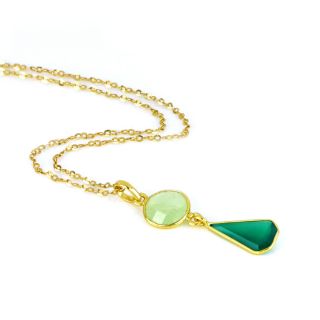 925 Sterling Silver necklace gold plated with round Prehnite and tear of Green Onyx - 