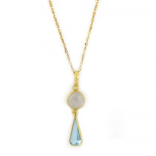 925 Sterling Silver necklace gold plated with round Rainbow Moonstone and tear of Blue Topaz