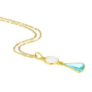 925 Sterling Silver necklace gold plated with round Rainbow Moonstone and tear of Blue Topaz - 
