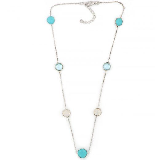 925 Sterling Silver necklace rhodium plated with round stones, three with Aqua Chalcedony, two with Blue Topaz and two with Rainbow Moonstone