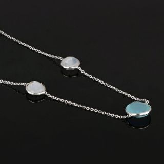 925 Sterling Silver necklace rhodium plated with round stones, three with Aqua Chalcedony, two with Blue Topaz and two with Rainbow Moonstone - 