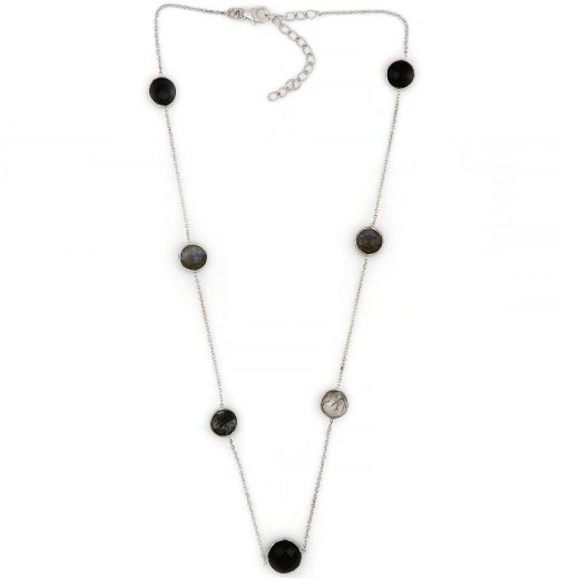 925 Sterling Silver necklace rhodium plated with round stones, three with Black Onyx, two with Labradorite and two with Black Rutile