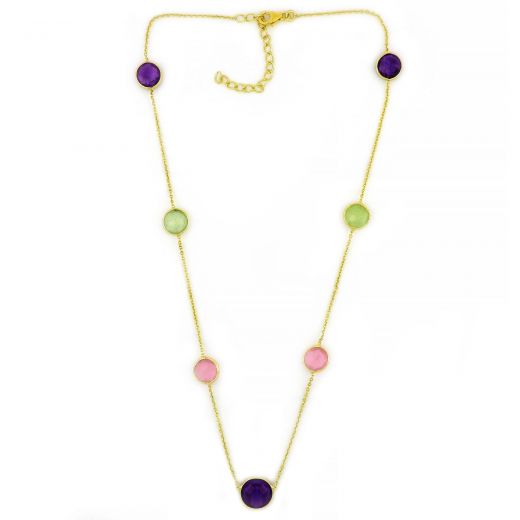 925 Sterling Silver necklace gold plated with round stones, three with Amethyst, two with Prehnite and two with Rose Chalcedony
