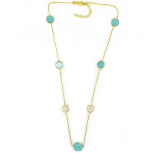 925 Sterling Silver necklace gold plated with round stones, three with Aqua Chalcedony, two with Blue Topaz and two with Rainbow Moonstone