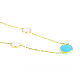 925 Sterling Silver necklace gold plated with round stones, three with Aqua Chalcedony, two with Blue Topaz and two with Rainbow Moonstone - 