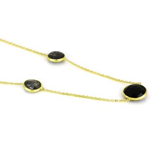 925 Sterling Silver necklace rhodium plated with round stones, three with Black Onyx, two with Labradorite and two with Black Rutile - 