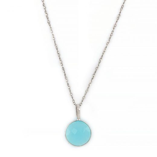 925 Sterling Silver necklace rhodium plated with round Aqua Chalcedony