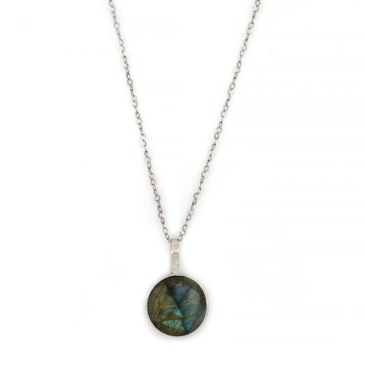 925 Sterling Silver necklace rhodium plated with round Labradorite