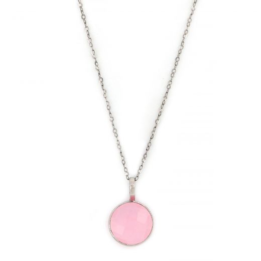 925 Sterling Silver necklace rhodium plated with round Rose Chalcedony