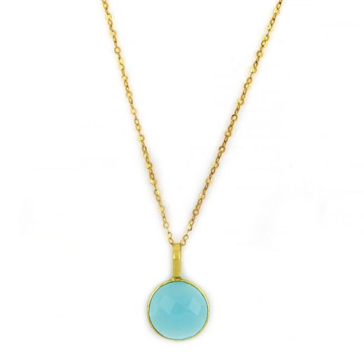 925 Sterling Silver necklace gold plated with round Aqua Chalcedony