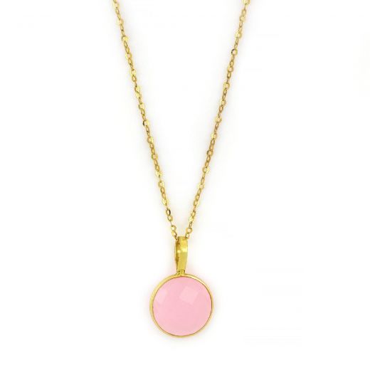 925 Sterling Silver necklace gold plated with round Rose Chalcedony