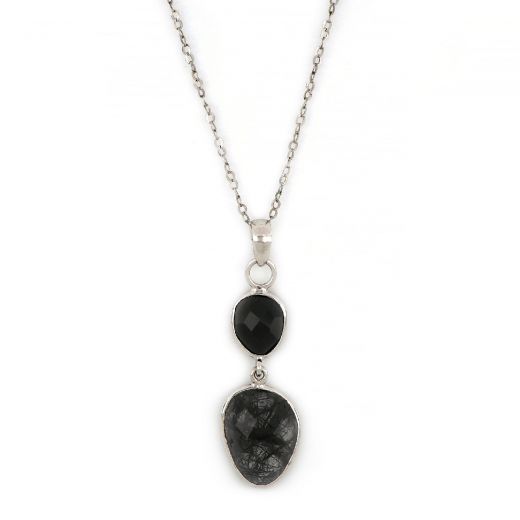 925 Sterling Silver necklace rhodium plated with Black Onyx and Black Rutile