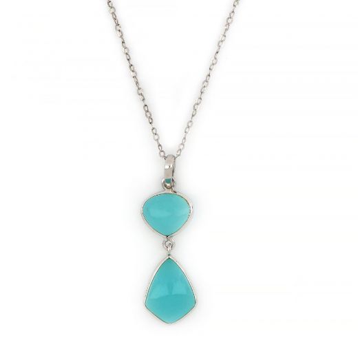 925 Sterling Silver necklace rhodium plated with Aqua Chalcedony