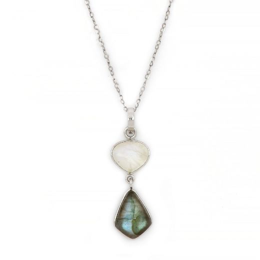 925 Sterling Silver necklace rhodium plated with Rainbow Moonstone and Labradorite