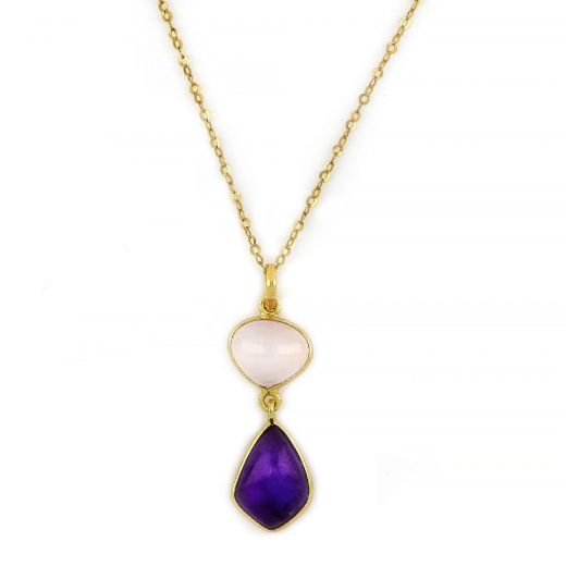 925 Sterling Silver necklace gold plated with rose chalcedony and Amethyst