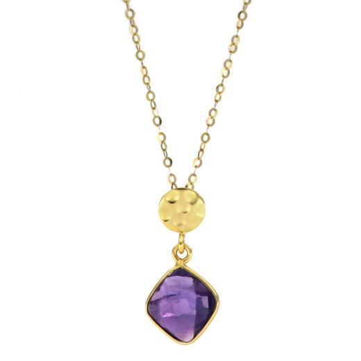 925 Sterling Silver necklace gold plated with Amethyst in a shape of a diamond