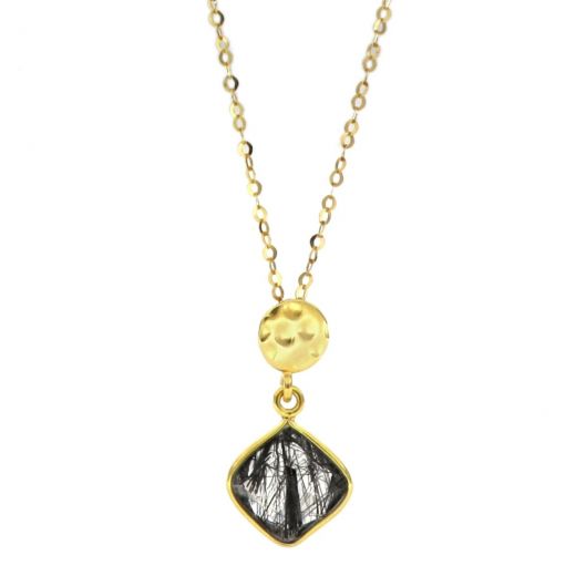 925 Sterling Silver necklace gold plated with Black Rutile in a shape of a diamond
