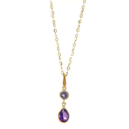 925 Sterling Silver necklace gold plated with round Iolite and Amethyst in the form of tear