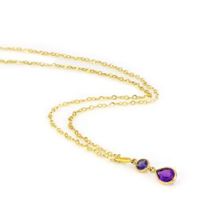 925 Sterling Silver necklace gold plated with round Iolite and Amethyst in the form of tear - 