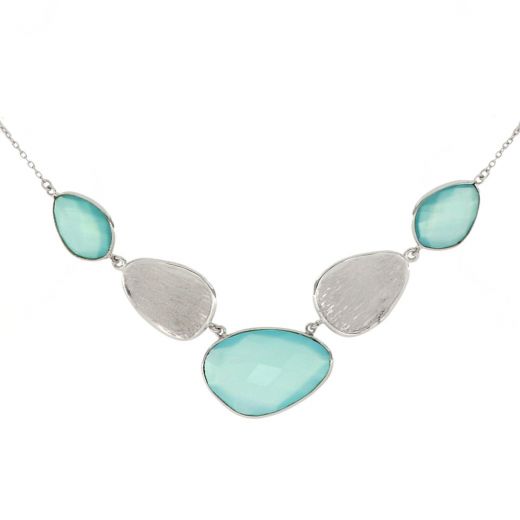925 Sterling Silver necklace rhodium plated with three stones of Aqua Chalcedony