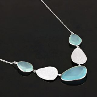 925 Sterling Silver necklace rhodium plated with three stones of Aqua Chalcedony - 