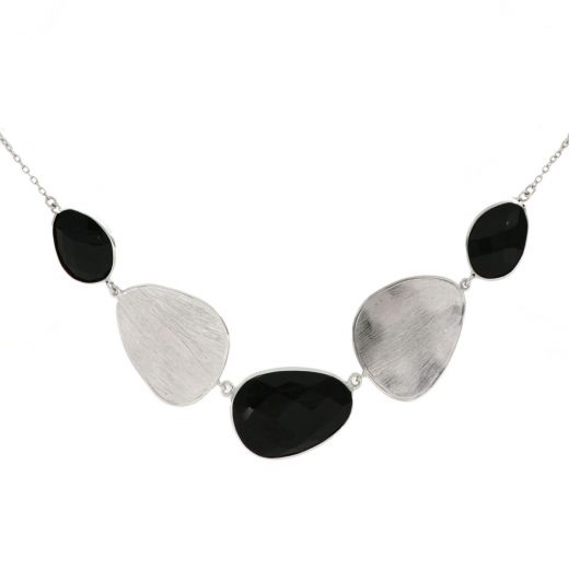 925 Sterling Silver necklace rhodium plated with three stones of Black Onyx