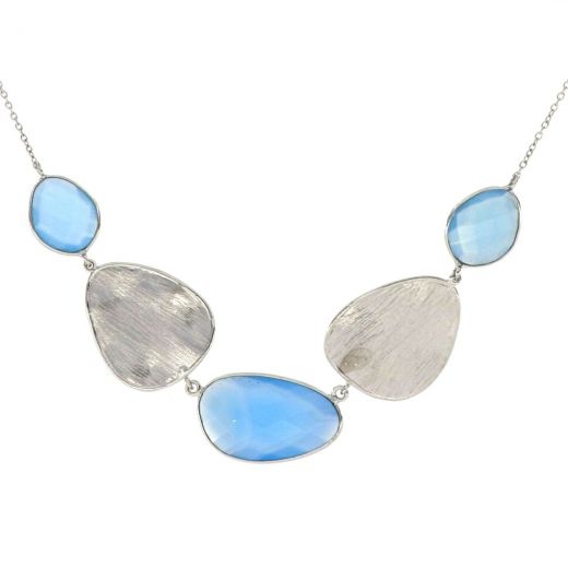 925 Sterling Silver necklace rhodium plated with three stones of Blue Chalcedony