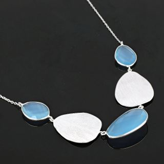925 Sterling Silver necklace rhodium plated with three stones of Blue Chalcedony - 