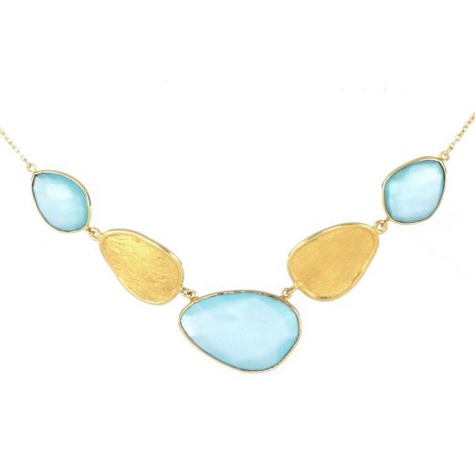 925 Sterling Silver necklace gold plated with three stones of Aqua Chalcedony