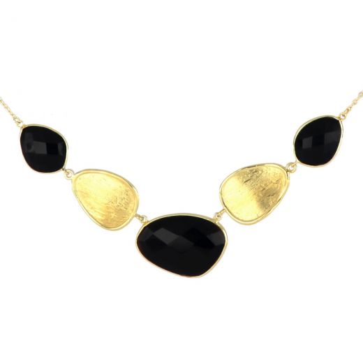 925 Sterling Silver necklace gold plated with three stones of Black Onyx