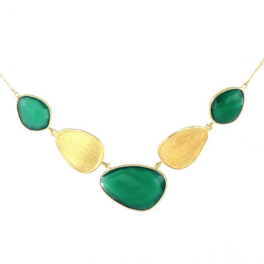 925 Sterling Silver necklace gold plated with three stones of Green Onyx