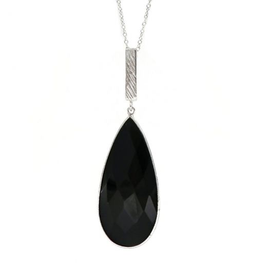 925 Sterling Silver necklace rhodium plated with Black Onyx in the form of a drop