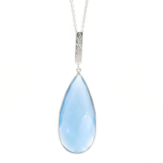 925 Sterling Silver necklace rhodium plated with Blue Chalcedony