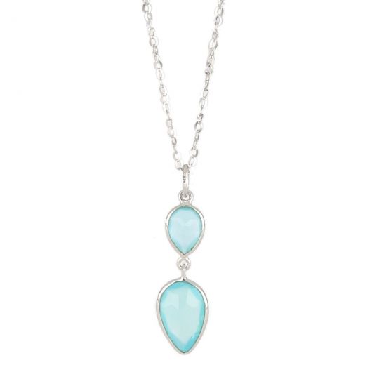 925 Sterling Silver necklace rhodium plated with two stones of Aqua Chalcedony in the form of a drop