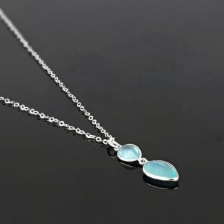 925 Sterling Silver necklace rhodium plated with two stones of Aqua Chalcedony in the form of a drop - 
