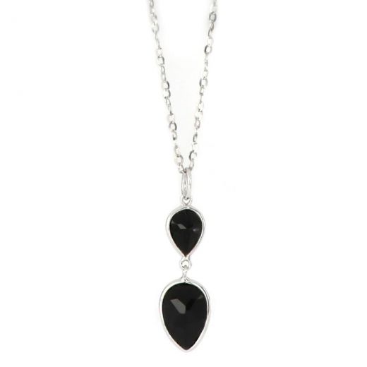 925 Sterling Silver necklace rhodium plated with two stones of Black Onyx in the form of a drop