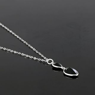 925 Sterling Silver necklace rhodium plated with two stones of Black Onyx in the form of a drop - 