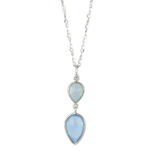 925 Sterling Silver necklace rhodium plated with two stones of Blue Chalcedony  in the form of a drop