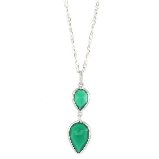 925 Sterling Silver necklace rhodium plated with two stones of Green Onyx in the form of a drop