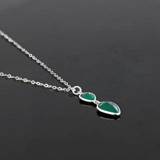 925 Sterling Silver necklace rhodium plated with two stones of Green Onyx in the form of a drop - 